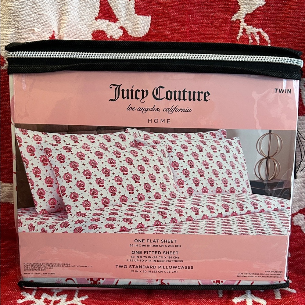 Juicy Couture Pink & White Holiday snow globe gingerbread house Twin Sheet Set